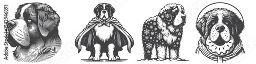 Vintage Hand-Drawn Saint Bernard Dog Collection Illustration, Playful Animal Engraved Style Vector for T-Shirts and Fun Heroic Themes Design