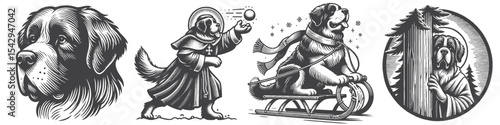 Vintage Hand-Drawn Saint Bernard Dog Collection Illustration, Winter Adventure Engraved Style Vector for T-Shirts and Snowy Forest Themes Design