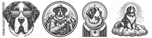Vintage Hand-Drawn Saint Bernard Dog Collection Illustration, Adventure Pet Engraved Style Vector for T-Shirts and Travel Themes Design