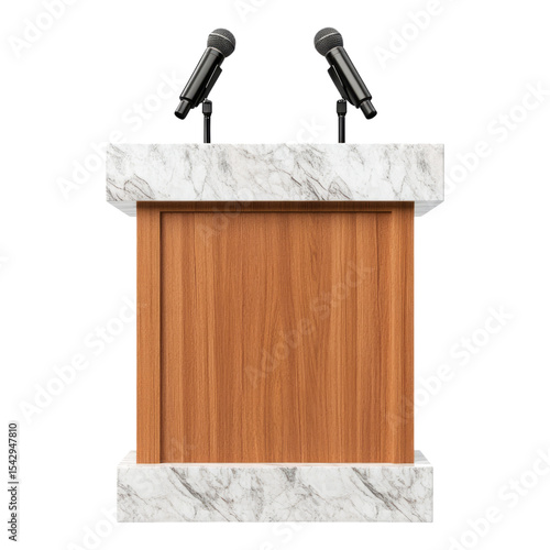 Isolated Wood Podium with Marble Base and Microphones on Transparent Background