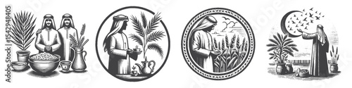Vintage Hand-Drawn Arabic Man With Garden Collection Illustration, Cultural Lifestyle Engraved Style Vector for T-Shirts and Nature Themes Design