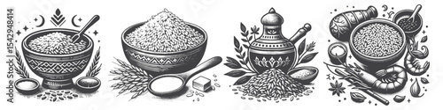 Vintage Hand-Drawn Arabic Rice Food Collection Illustration, Middle Eastern Cuisine Engraved Style Vector for T-Shirts and Culinary Themes Design