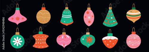 Christmas baubles set with trendy geometric ornament. Xmas balls in flat, minimalist style. Merry Christmas background for decorations, gift, greeting card, poster. Hand drawn Isolated vector illust