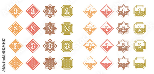Number icons. Number frame with Japanese pattern background. Japanese style decoration set of ranking numbers.