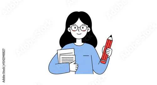 Person Holding Pencil and Papers Cartoon Illustration
