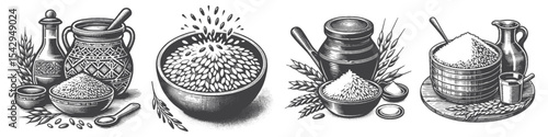 Vintage Hand-Drawn Arabic Rice and Wheat Collection Illustration, Middle Eastern Harvest Engraved Style Vector for T-Shirts and Culinary Themes Design