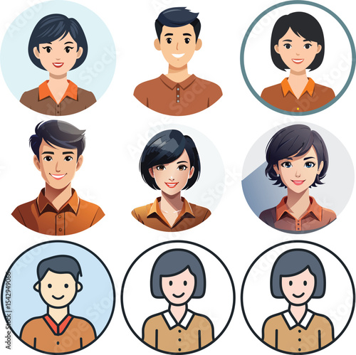 Icon of a person with short black hair, wearing a brown shirt. Flat design, circular shape,