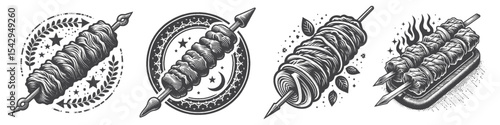Vintage Hand-Drawn Shish Kebab Arabic Food Collection Illustration, Middle Eastern Grill Cuisine Engraved Style Vector for T-Shirts and Culinary Themes Design