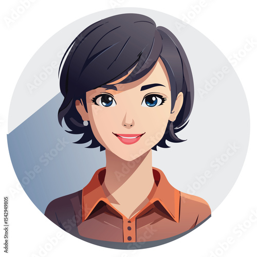 Vector Flat Person Icon with Short Black Hair and Brown Shirt in Circular Shape
