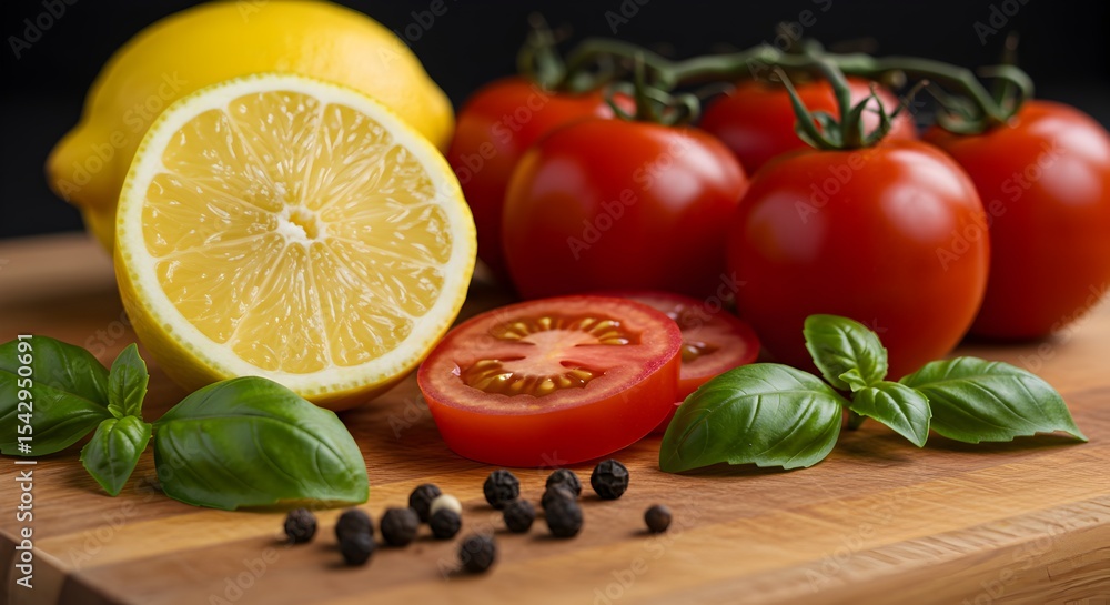 Tomatoes, lemon slices, basil, and black peppercorns on wooden cutting board, healthy food Tomatoes, lemon slices, basil, and black peppercorns on wooden cutting board, healthy food