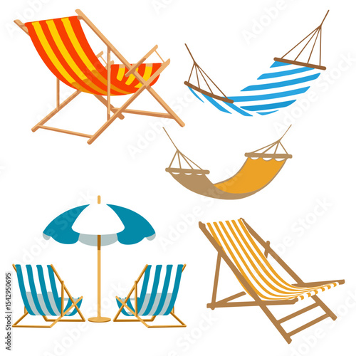 Beach Set of sun loungers and hammocks.