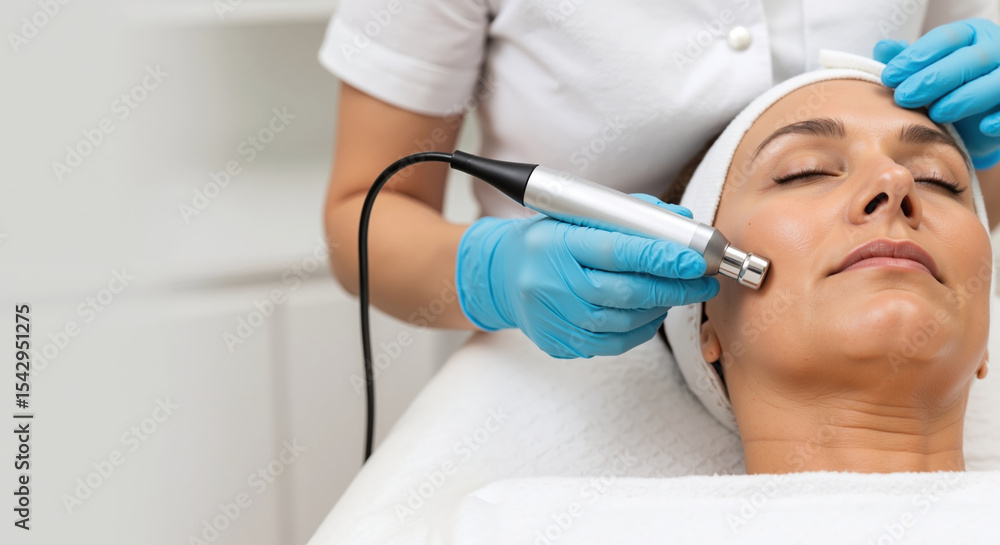 Naklejka premium Cosmetologist performing facial treatment with ultrasonic device, blue gloves, white headband. Professional skincare procedure, anti-aging therapy. Medical spa concept