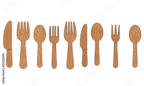Wooden Cutlery and Utensil Set, wood-textured flat design icons featuring various types of cutlery, including knives, forks, and spoons, ideal for eco-friendly or rustic dining themes.