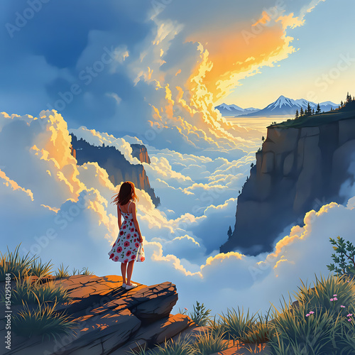 A girl on the edge of a ravine at sunset above the clouds. Mountain landscape.