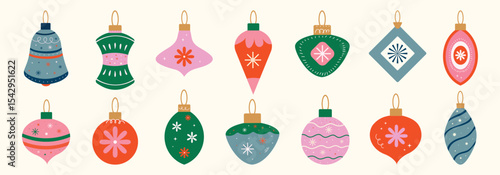 Christmas baubles set with trendy geometric ornament. Xmas balls in flat, minimalist style. Merry Christmas background for decorations, gift, greeting card, poster. Hand drawn Isolated vector illust