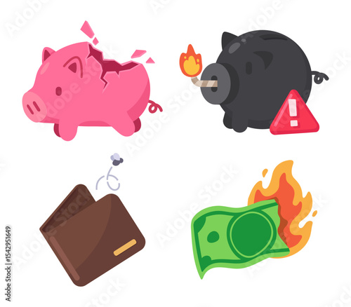 Colorful Financial Crisis Icons Featuring Piggy Banks, Wallet, and Burning Money Illustrations