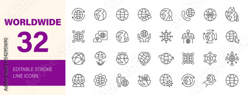 Worldwide icon set. Containing globe, world, international, global, earth, network, sphere, planet, citizen, business, population and more. Editable line icons. Vector illustration.	