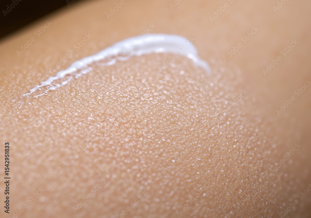 Fototapeta premium White moisturizer cream texture on skin with water droplets. Close-up skincare product application, hydrating treatment. Beauty cosmetic concept