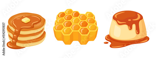 Delicious Breakfast Trio: Pancakes, Honeycomb, and Pudding with Caramel Drizzle - Sweet Morning Treats