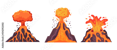 Colorful Cartoon Volcano Eruptions with Lava and Ash Explosions in a Dynamic Vector Illustration