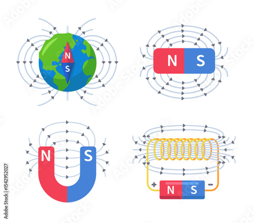 Illustrated Concepts of Magnetism with Earth, Bar Magnet, Horseshoe Magnet, and Electromagnet