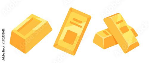 Illustrative Set of Gold Bars in Various Shapes and Angles on a White Background