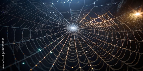 Intricate spider web glistening with dew drops against a dark sky