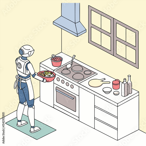 Futuristic Kitchen Robot Chef Preparing Delicious Meal