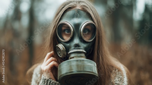 A striking portrait of a woman in a gas mask, representing resilience and preparedness, evoking contemplation of environmental issues and human adaptability in challenging times.