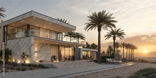 Fototapeta Naklejka Na Ścianę i Meble -  Modern luxury home design with palm trees and sunset view of architectural real estate exterior and beach