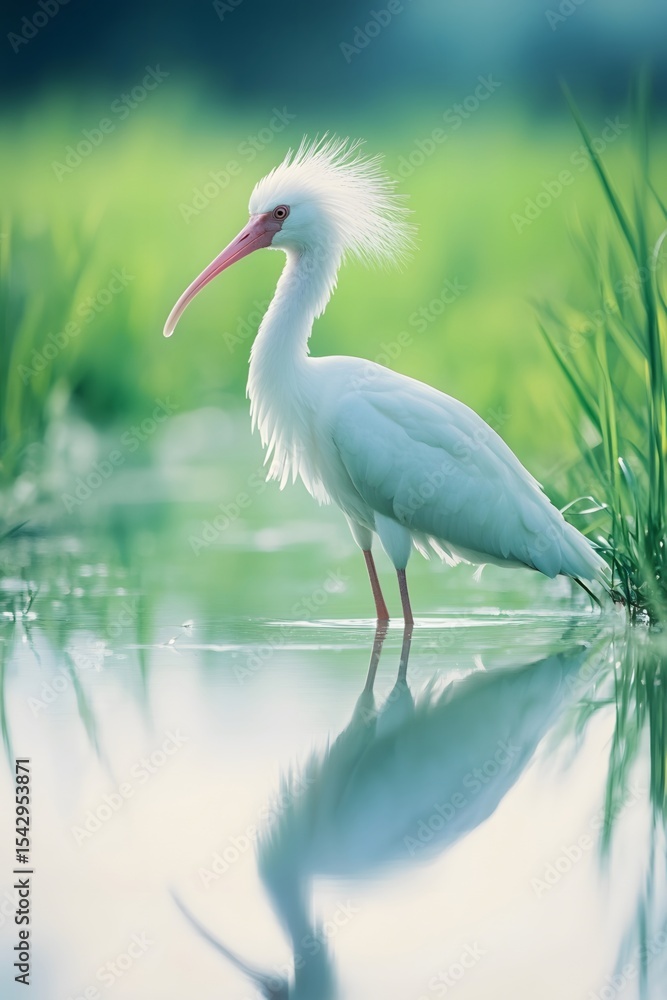 Obraz premium Crested ibis foraging in rice paddies in spring