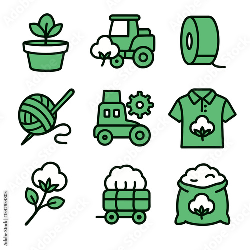 Textile icons. Plant, tractor, roll, yarn, machinery, shirt, cotton
