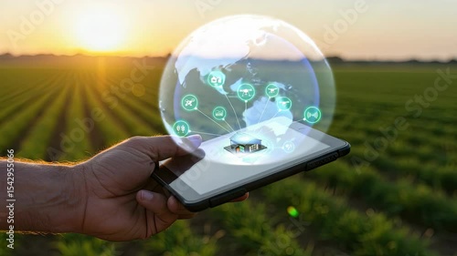 A hand holds a tablet displaying a holographic representation of agricultural technology, overlayed on a field at sunset