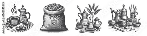 Vintage Hand-Drawn Arabic Coffee Bean Collection Illustration, Middle Eastern Beverage Engraved Style Vector for T-Shirts and Cultural Themes Design