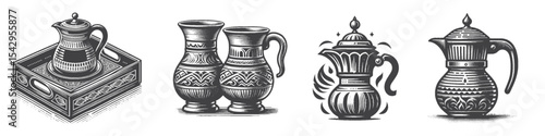 Vintage Hand-Drawn Arabic Coffee Pot Collection Illustration, Kitchenware Engraved Style Vector for T-Shirts and Middle Eastern Themes Design