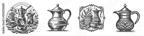 Vintage Hand-Drawn Arabic Drink Pots Collection Illustration, Beverage Utensil Engraved Style Vector for T-Shirts and Middle Eastern Themes Design
