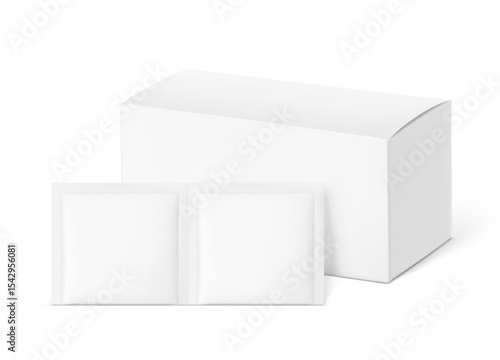 Sachet mockups. Hyper realistic. Vector illustration isolated on grey background. Flat lay view. Packaging for tea, cosmetic, food, pharmacy. Ready for your design. EPS10.