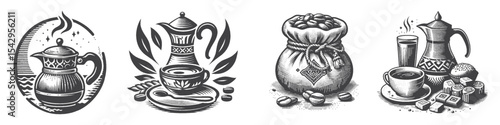 Vintage Hand-Drawn Arabic Coffee Bean Collection Illustration, Traditional Beverage Engraved Style Vector for T-Shirts and Middle Eastern Themes Design