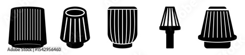 Five different styles of black and white engine air intake filters