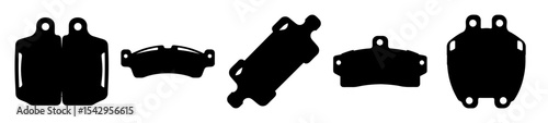 Black and white illustration of automotive brake pads of various shapes