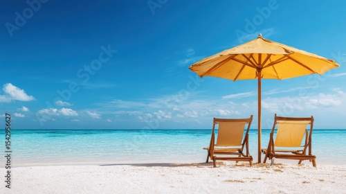 Wallpaper Mural A serene tropical beach scene featuring a vibrant yellow umbrella and lounge chairs, inviting relaxation and enjoyment in a picturesque, sun-soaked seaside paradise. Torontodigital.ca