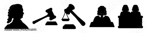 Legal symbols and figures representing law justice and court proceedings in silhouettes