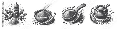 Vintage Hand-Drawn Chili Powder Collection Illustration, Culinary Spice Engraved Style Vector for T-Shirts and Spicy Food Themes Design