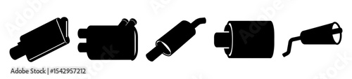 Various black silhouettes of car exhaust mufflers lined up in a row