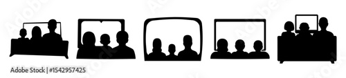 Silhouettes of families watching television sets in living room settings art