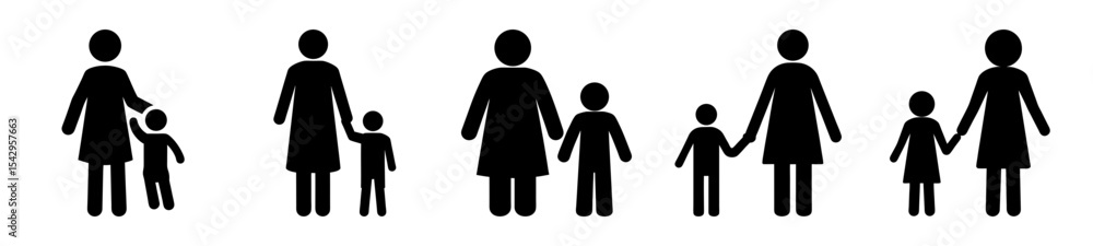 Pictogram illustrations of mothers with their children in various configurations and sizes Pictogram illustrations of mothers with their children in various configurations and sizes