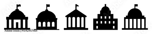 Silhouetted government buildings representing different branches of government and political ideologies