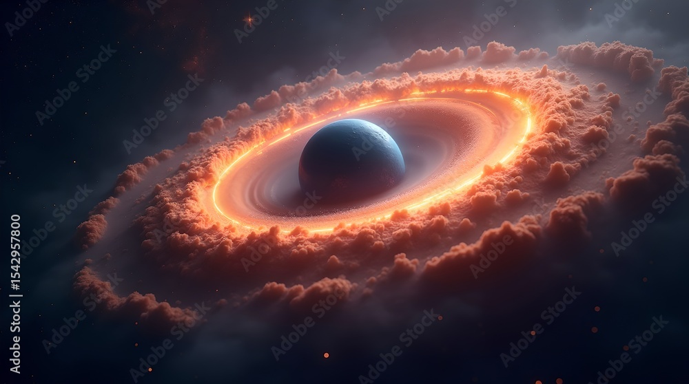 Celestial Blue Planet Surrounded by Luminous Orange Ring and Nebula Clouds in Cosmic Space Vector Illustration Celestial Blue Planet Surrounded by Luminous Orange Ring and Nebula Clouds in Cosmic Space Vector Illustration