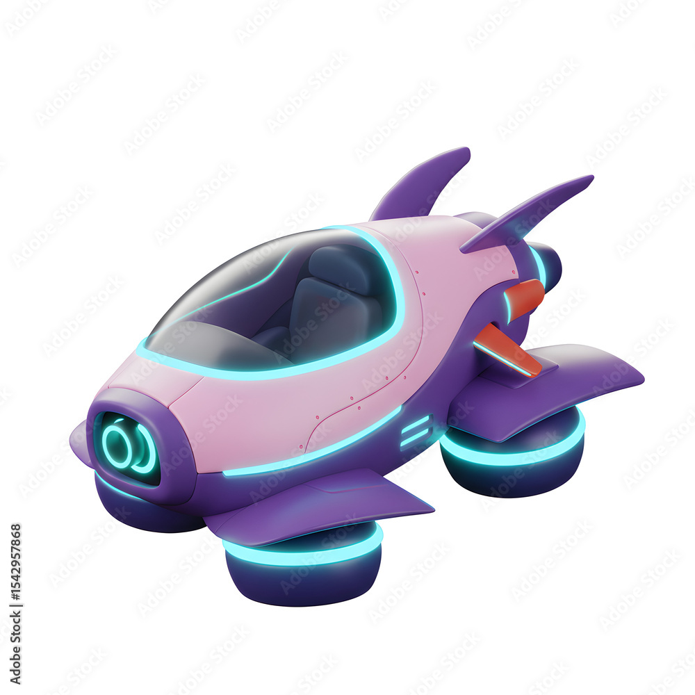 Fototapeta premium Purple cartoon hovercar with neon lighting