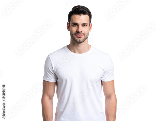 A confident young man with short dark hair and a light beard wearing a plain white t-shirt, looking directly at the camera with a slight smile.
